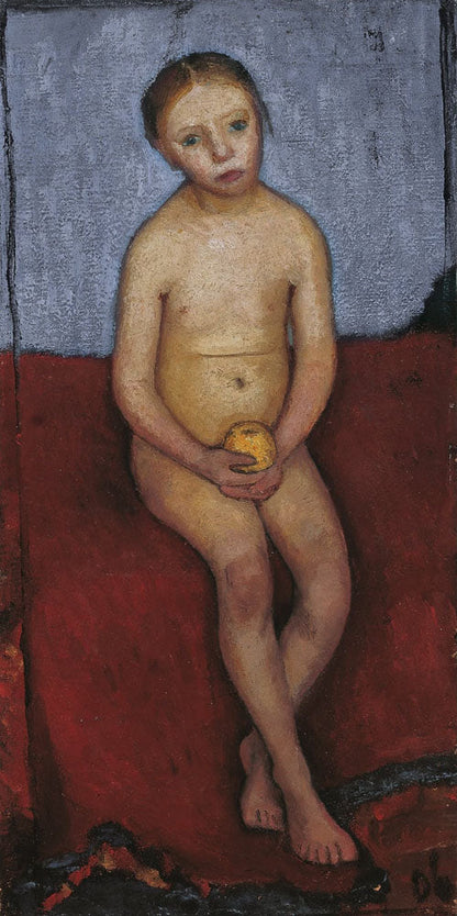 Sitting girl nude with apple - by Paula Modersohn-Becker