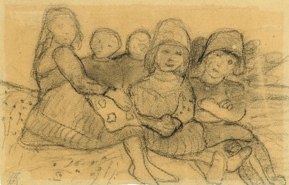 Five children sit at the edge of the meadow - by Paula Modersohn-Becker