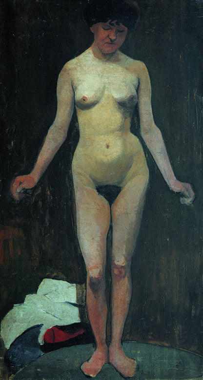 Standing female nude, frontal, arms angled - by Paula Modersohn-Becker