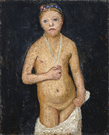 Little standing girl nude with necklace and rose - by Paula Modersohn-Becker