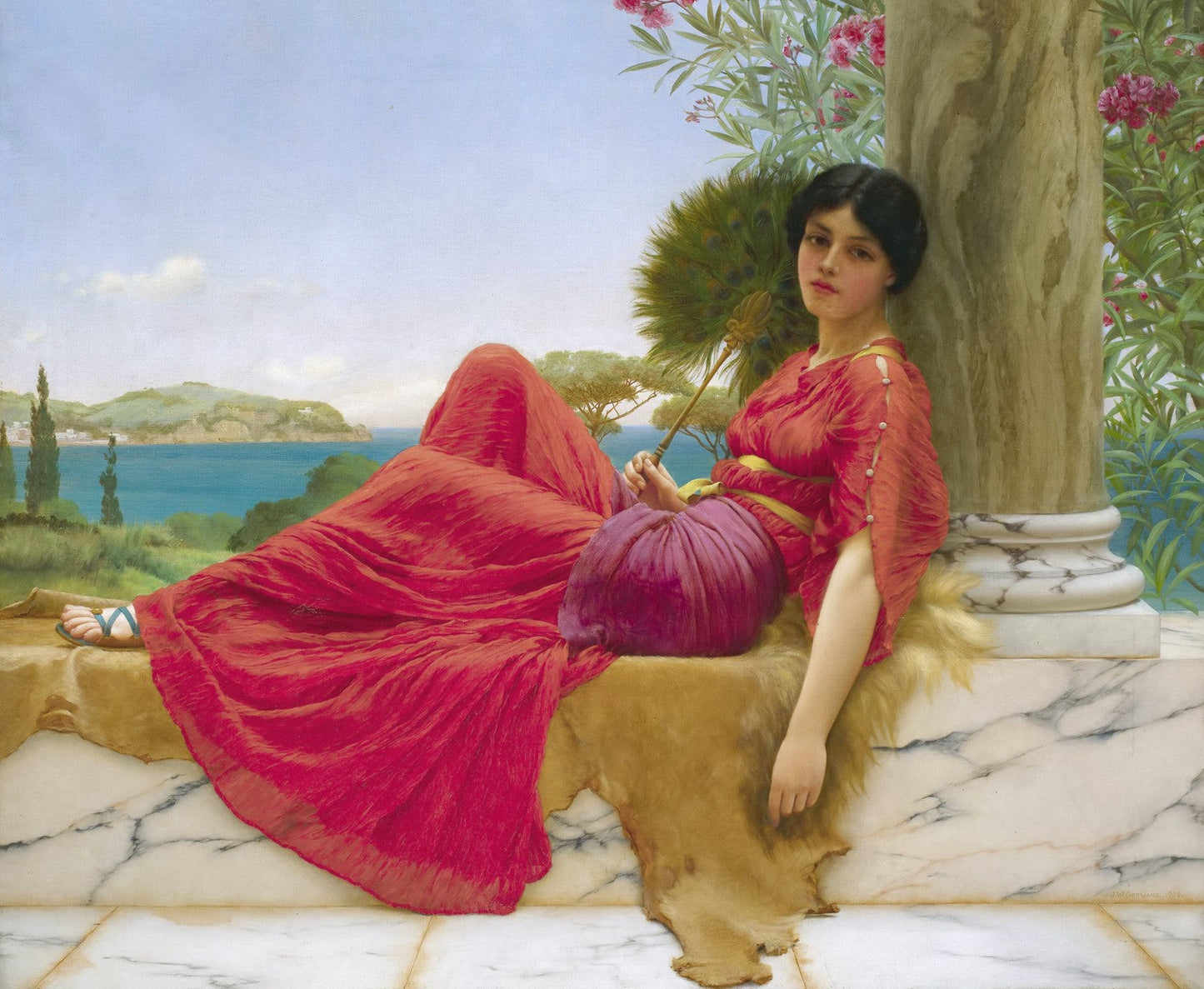 Leaning against a column by John William Godward