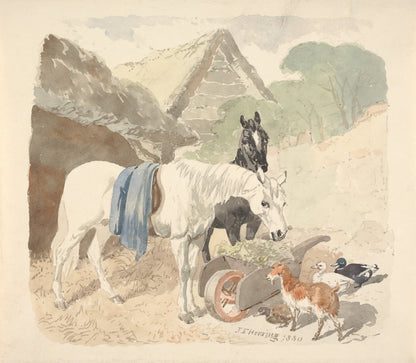 Two Horses Eating From a Wheel-Barrow Watched by a Goat and Three Ducks by John Frederick Herring Jr.