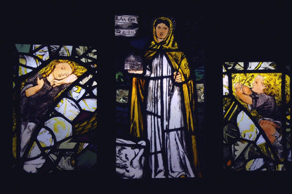 'The Lady of Woodbank and Her Daughters' stained glass panel by Dante Gabriel Rossetti