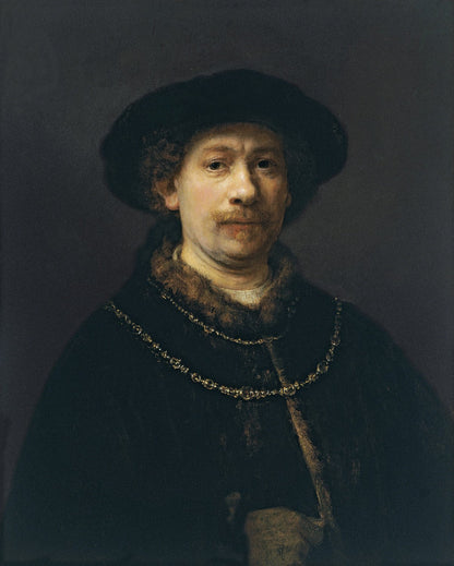 Self-portrait wearing a Hat and two Chains by Rembrandt