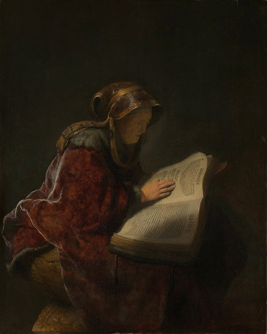 Oude lezende vrouw, waarschijnlijk de profetes Hanna by Rembrandt