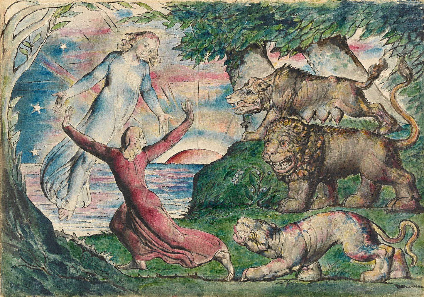 Dante running from the three beasts by William Blake