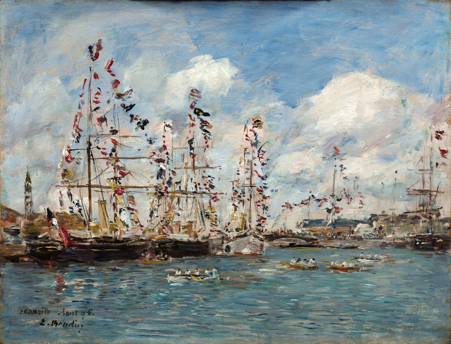 Boats Decorated with Flags in the Port of Deauville (Bateaux pavoisés dans le bassin, Deauville) by Eugène Boudin