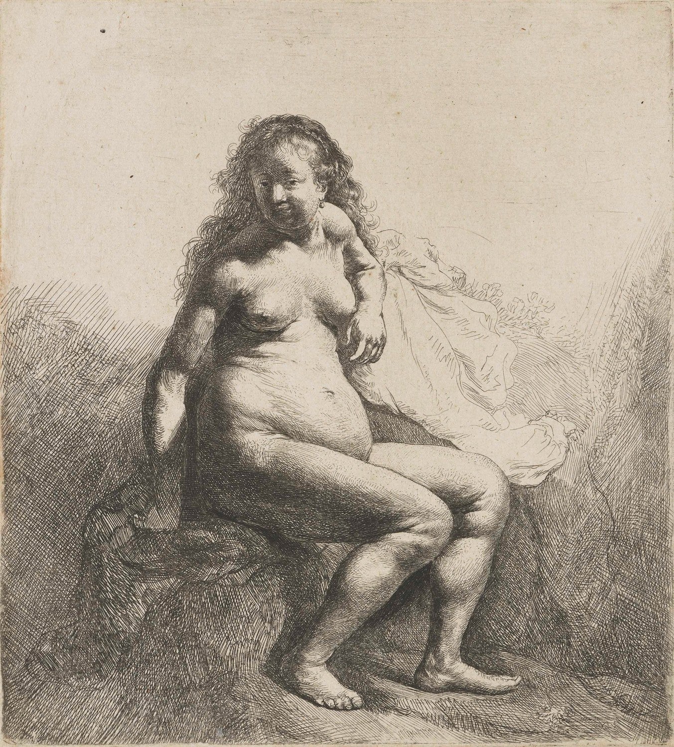 Zittende naakte vrouw by Rembrandt