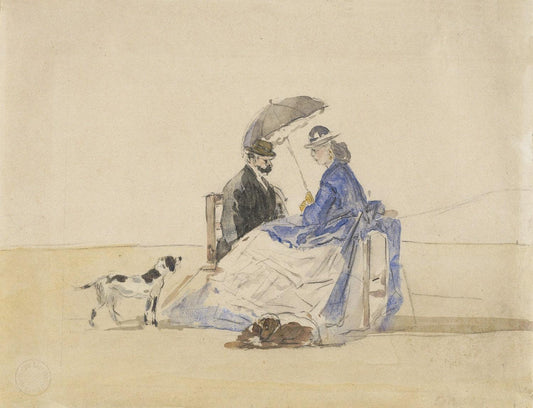 A Couple Seated on the Beach with Two Dogs by Eugène Boudin