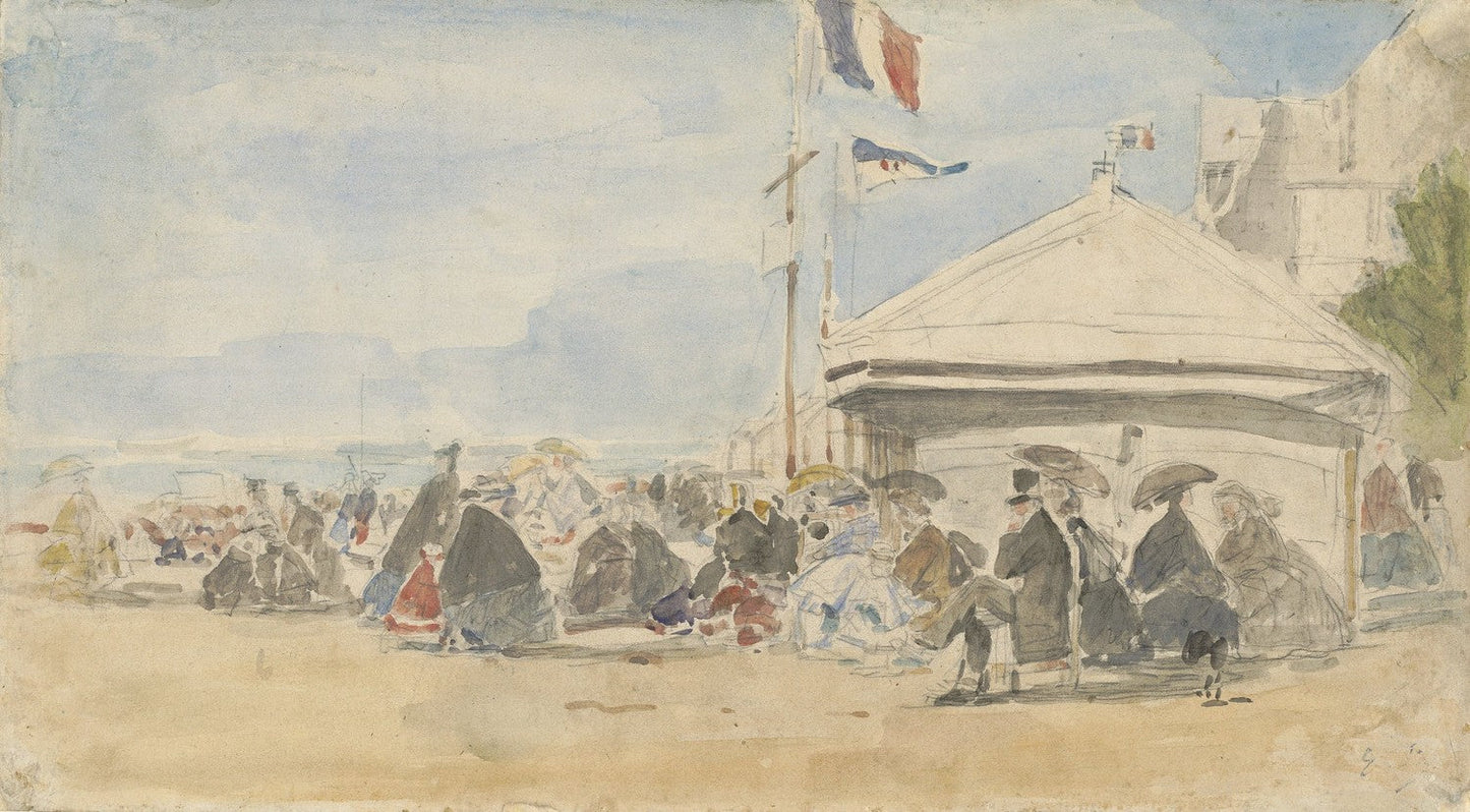 Beach House with Flags at Trouville by Eugène Boudin