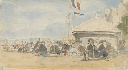 Beach House with Flags at Trouville by Eugène Boudin