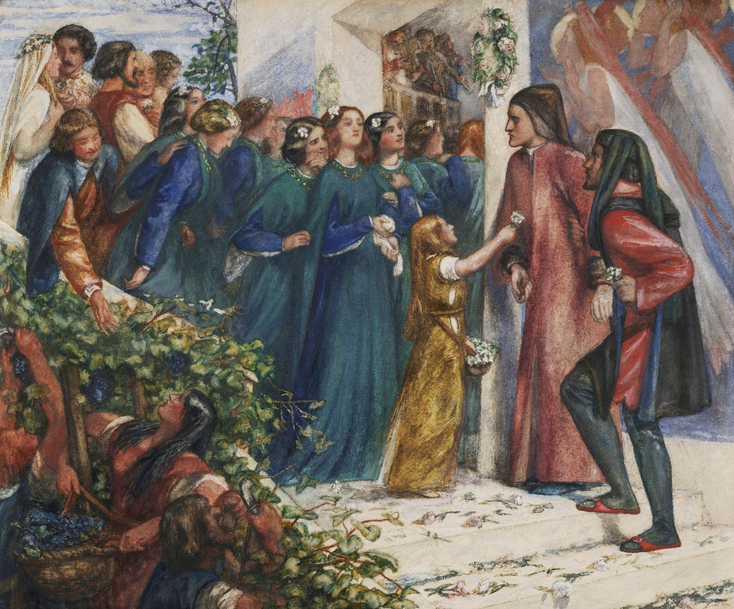 Beatrice meeting Dante at a marriage feast, denies him her salutation by Dante Gabriel Rossetti