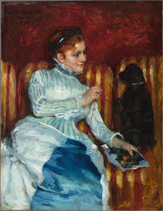 Woman on a Striped Sofa with a Dog by Mary Cassatt