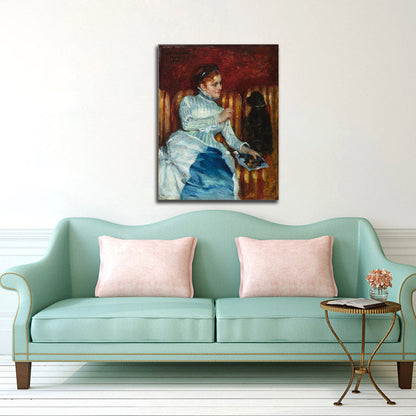 Woman on a Striped Sofa with a Dog - by Mary Cassatt