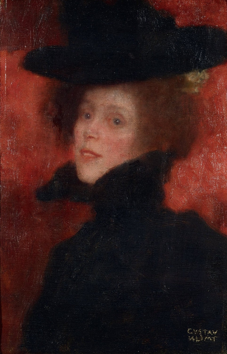 Lady with Cape and Hat in Front of Red Background by Gustav Klimt