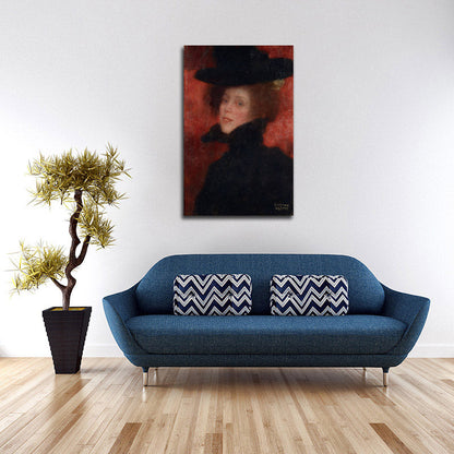 Lady with Cape and Hat in Front of Red Background - by Gustav Klimt