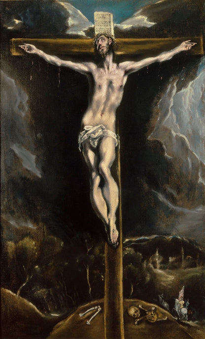 Cristo en la cruz, en un paisaje con jinetes by El Greco