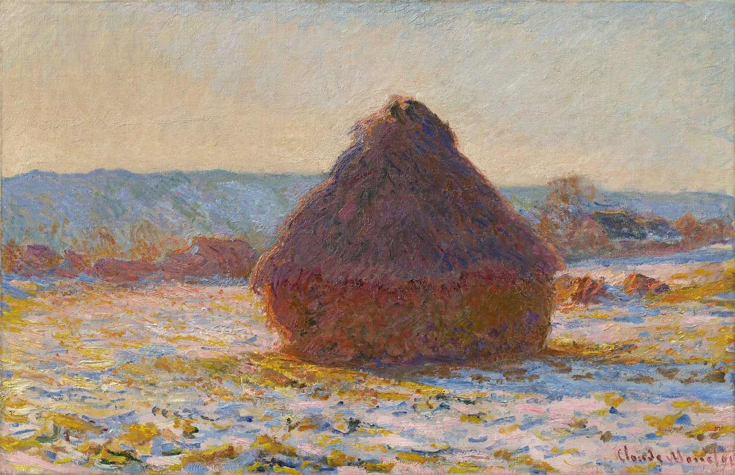 Grainstack in the Sunlight, Snow Effect by Claude Monet