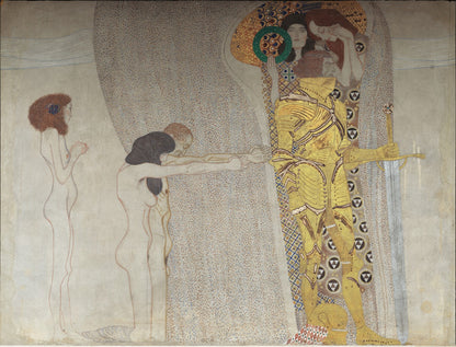 Beethoven Frieze: "The Sufferings of Weak Humanity" and "The Well-Armed Strongman" (Panel 3, left side wall) by Gustav Klimt