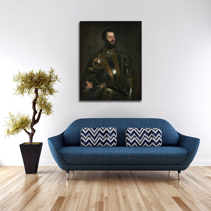 Portrait of Alfonso d'Avalos, Marchese del Vasto, in Armor with a Page - by Titian