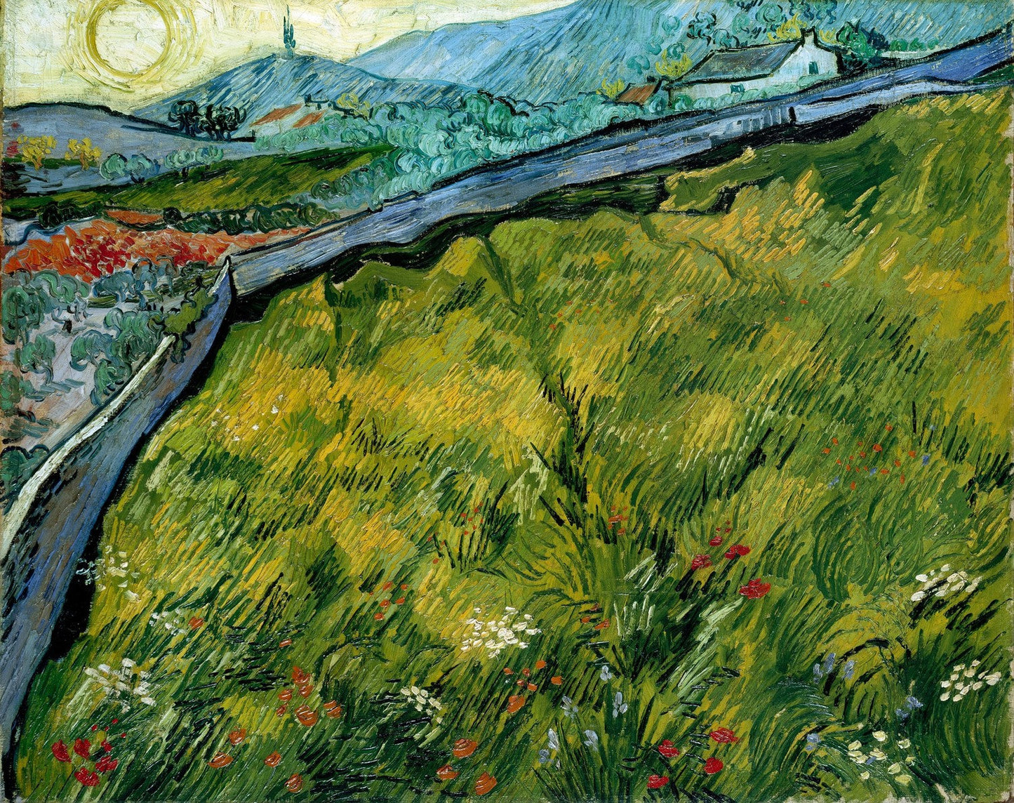 Enclosed wheat field with rising sun by Vincent van Gogh