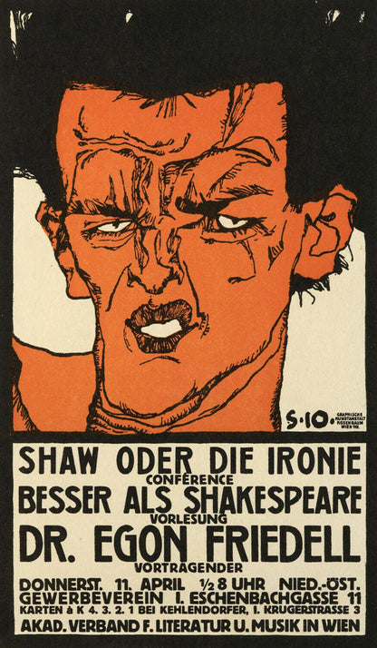 Advertising poster for the lecture by Dr. Egon Friedell "Shaw or Irony"