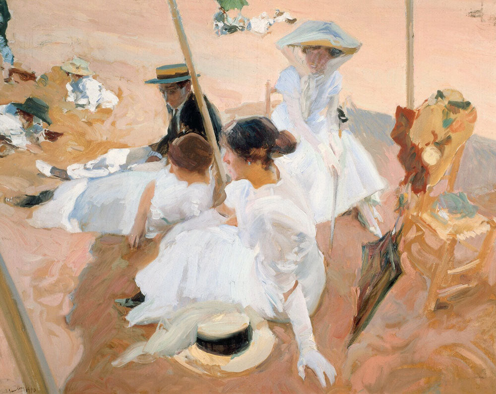 Under the awning, on the Beach at Zarauz - by Joaquin Sorolla