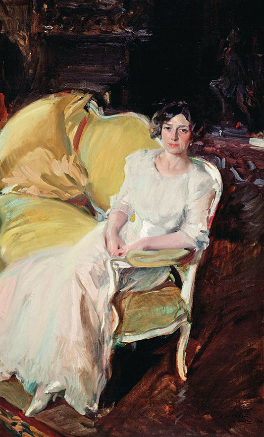 Clotilde seated on the Sofa - by Joaquin Sorolla