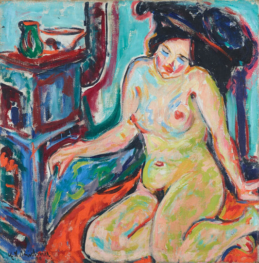 Nude Sitting on Orange Cloth - by Ernst Ludwig Kirchner