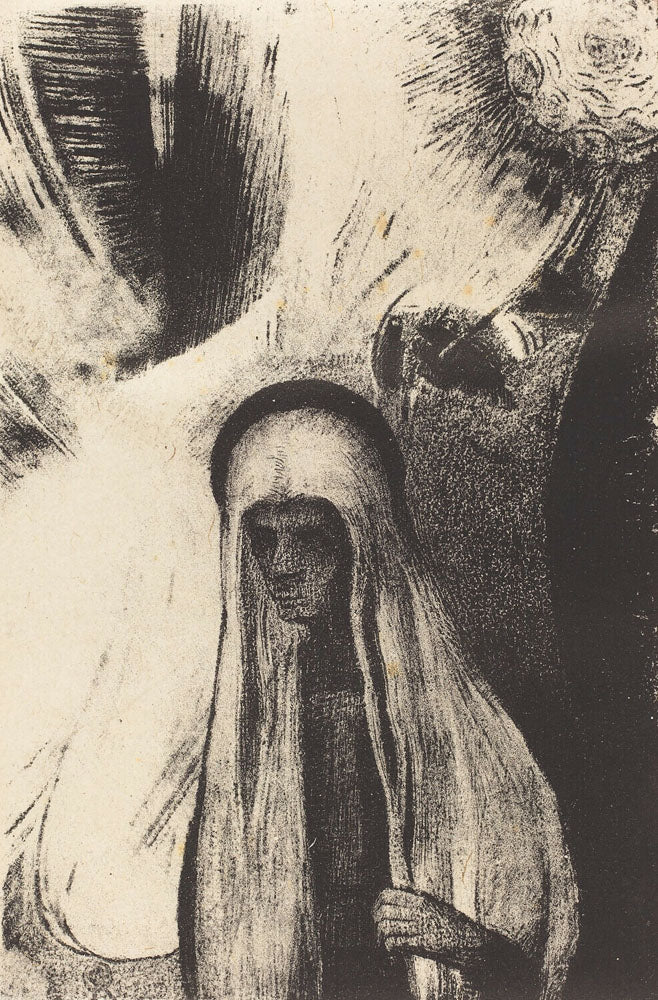 La Vieille: Que Crains-tu? Un large trou Noir! Il est vide peut-etre? (What are you afraid of? A wide black hole! It is empty, perhaps!) - by Odilon Redon