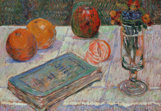 Still life with a book and oranges