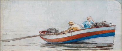 Fisherman and Girl in a Rowboat Streaked Red, White and Blue