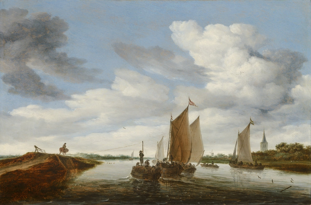 River Landscape with Sailing Boats and a Horse-drawn Barge - by Salomon van Ruysdael