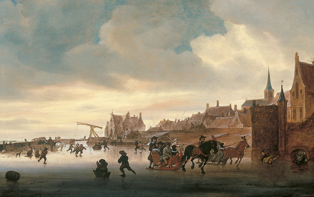 A Winter Landscape with Skaters and Sleighs before a Town - by Salomon van Ruysdael