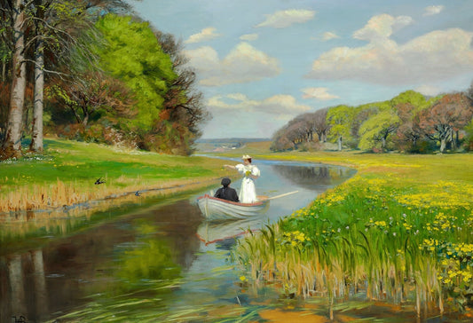 Spring. a Young Couple in a Rowing Boat on Odense Å - by Hans Andersen Brendekilde