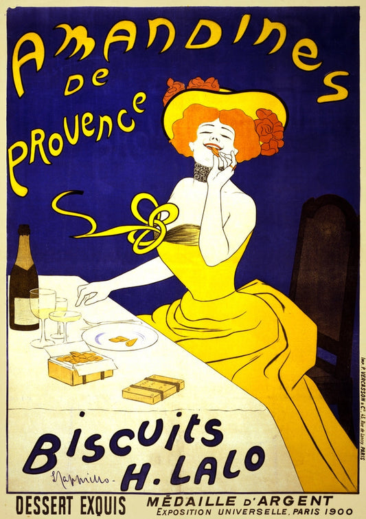 Amandines De Provence. Biscuits H. Lalo. Dessert Exquis, Medaille D'argent, Exposition Universelle, Paris 1900. Poster Shows a Woman Eating Almond Cookies. - by Leonetto Cappiello