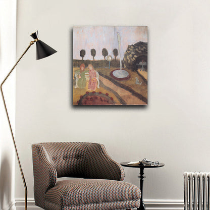 Two women in the garden with fountain - by Paula Modersohn-Becker