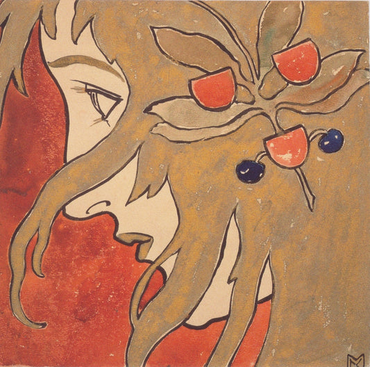 Profile of a girl. Preparatory work for a decorative stain in red and green. - by Koloman Moser