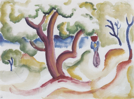 Woman with pitcher under trees - by August Macke