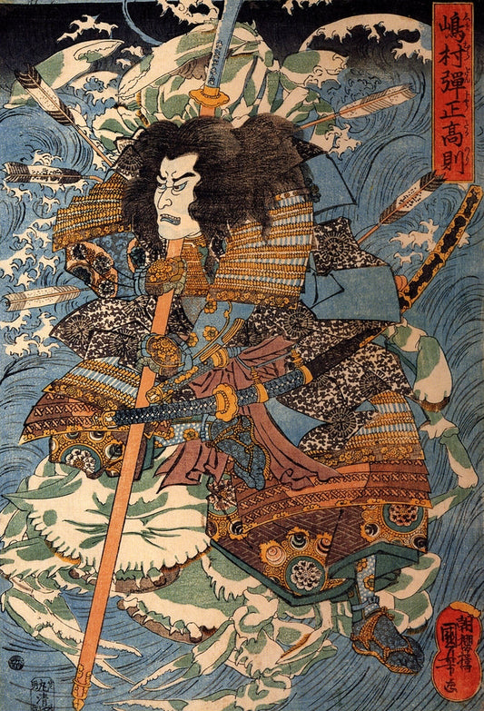 Shimamura Danjo Takanori riding the waves on the backs of large crabs - by Utagawa Kuniyoshi