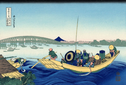 Sunset across the Ryogoku bridge from the bank of the Sumida river at Onmagayashi - by Katsushika Hokusai