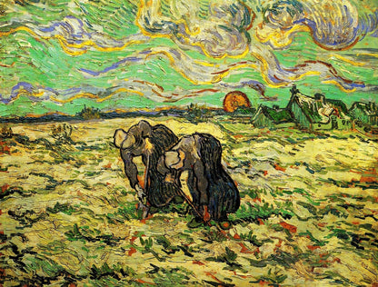 Two Peasant Women Digging in Field with Snow - by Vincent van Gogh