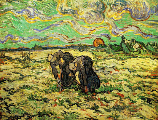 Two Peasant Women Digging in Field with Snow - by Vincent van Gogh