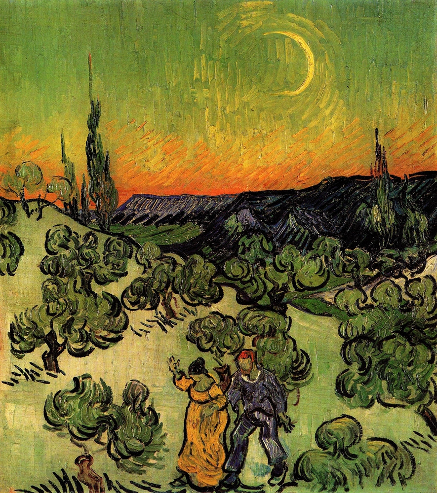 Landscape with Couple Walking and Crescent Moon - by Vincent van Gogh