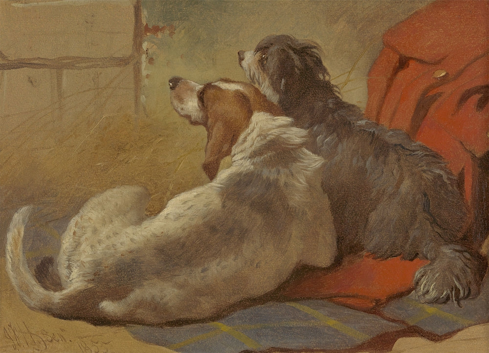 A Hound and a Bearded Collie Seated on a Hunting Coat - by John Frederick Herring Sr.