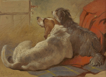 A Hound and a Bearded Collie Seated on a Hunting Coat - by John Frederick Herring Sr.