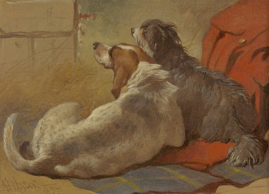 A Hound and a Bearded Collie Seated on a Hunting Coat - by John Frederick Herring Sr.