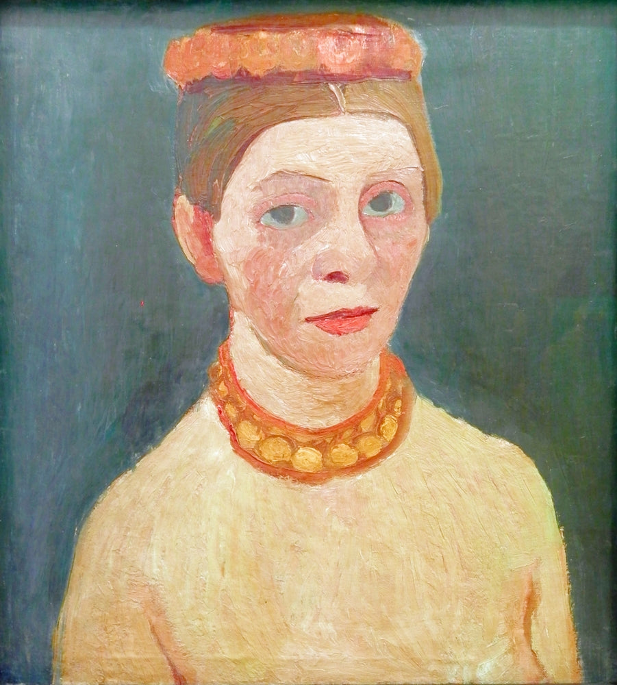 Self portrait with red flower wreath and chain - by Paula Modersohn-Becker