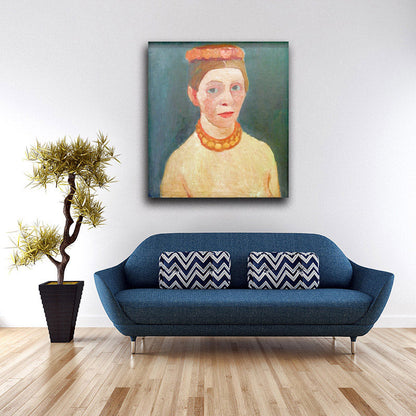 Self portrait with red flower wreath and chain - by Paula Modersohn-Becker