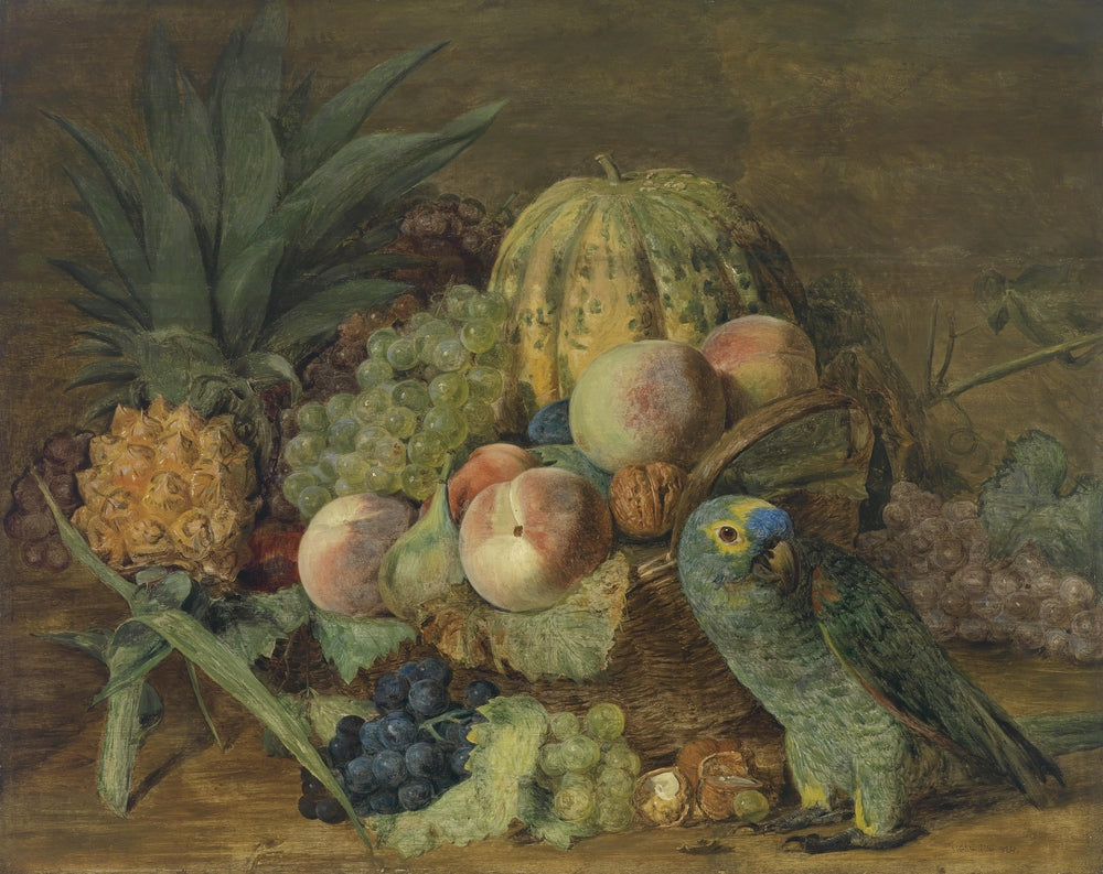 Fruit Still Life with an Amazon parrot - by Ferdinand Georg Waldm¨¹ller